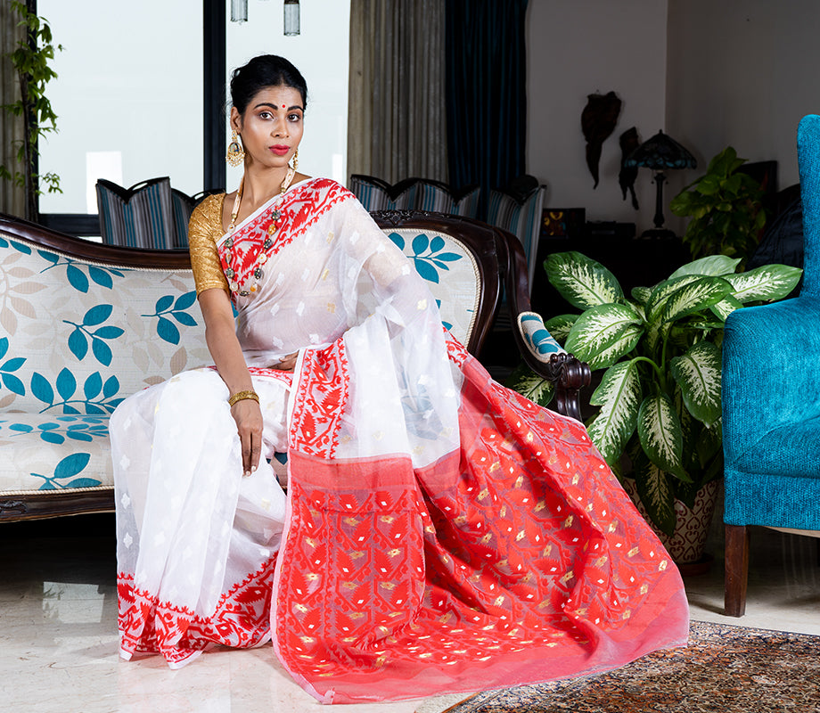 Bengali red white saree online