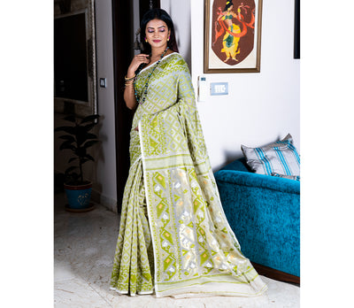 Handloom Jamdani Saree - Olive on White