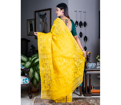 Handloom Jamdani Saree With all Body Work - Yellow