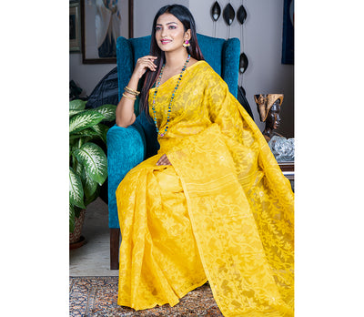 Handloom Jamdani Saree With all Body Work - Yellow