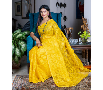 Handloom Jamdani Saree With all Body Work - Yellow