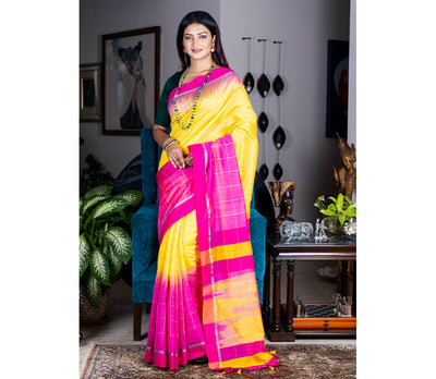 Handloom Silk Saree - Deep Pink & Yellow