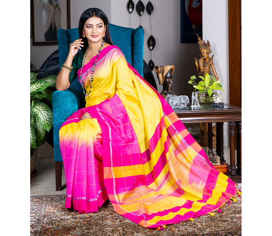Handloom Silk Saree - Deep Pink & Yellow