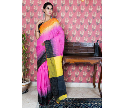 Handloom Saree With Ganga-Jamuna Par - Yellow & Black on Pink