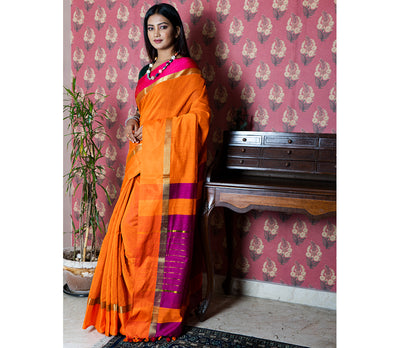 Handloom Saree with All Body Work - Orange and Purple