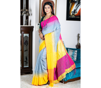 Handloom Saree With Ganga-Jamuna Par - Yellow & Purple on Gray