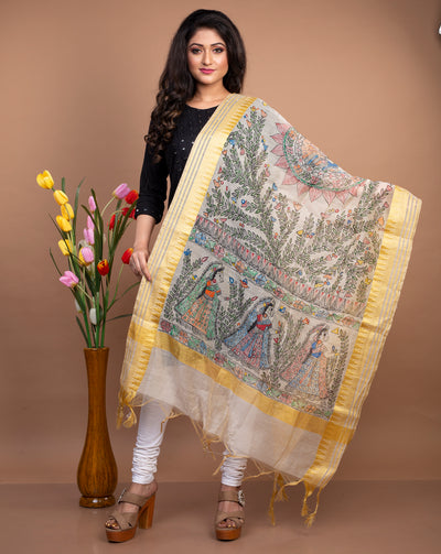 Madhubani Painting Dupatta From Bihar - White with Golden Border