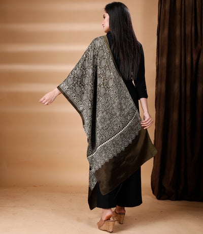 Ajrakh Print Modal Silk Stole From Bengal - Grey