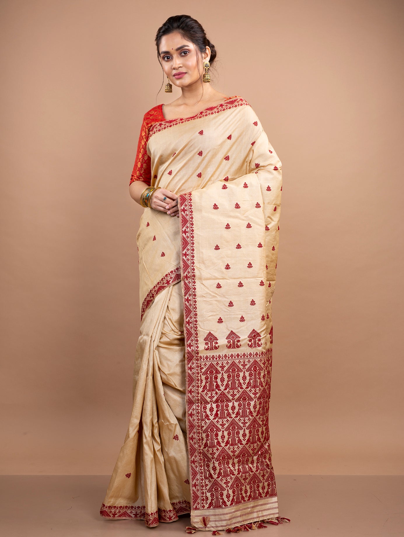 Assam Silk Saree - Golden with Maroon thread Work
