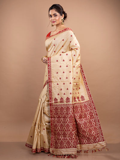 Assam Silk Saree - Golden with Maroon thread Work
