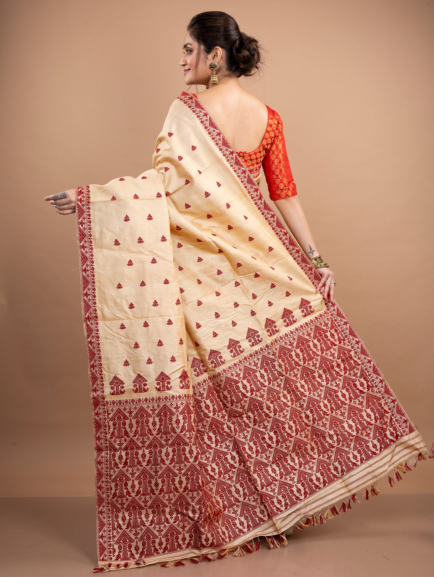 Assam Silk Saree - Golden with Maroon thread Work