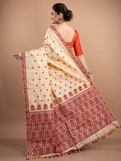 Assam Silk Saree - Golden with Maroon thread Work