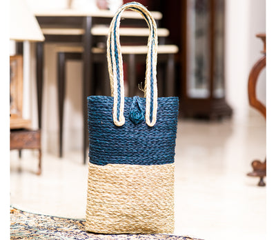 Long Bag made out of Sabai Grass - Blue and Natural Shade