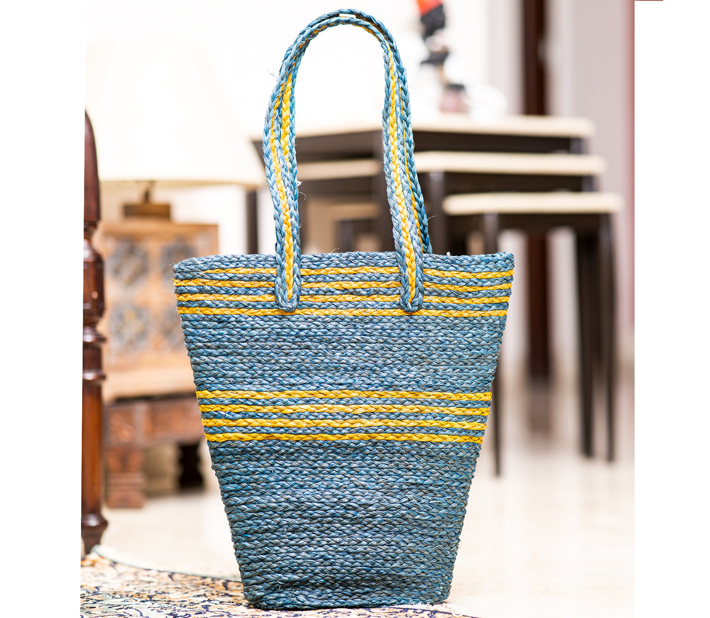 Hand Bag made of Sabai Grass from Bengal- Blue and Yellow