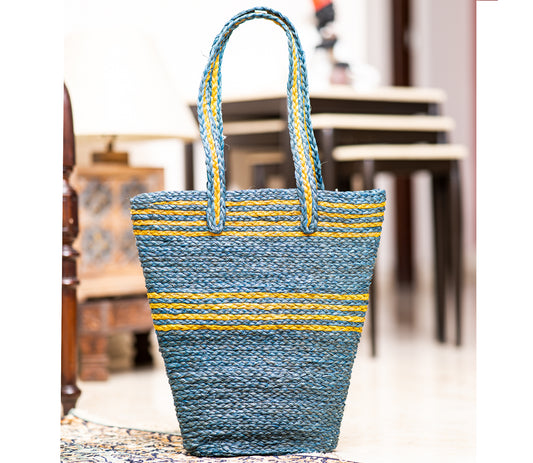 Hand Bag made of Sabai Grass from Bengal- Blue and Yellow