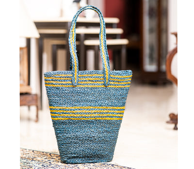 Hand Bag made of Sabai Grass from Bengal- Blue and Yellow