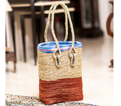 Sabai Grass Hand Bag with Cloth lining - Red and Natural