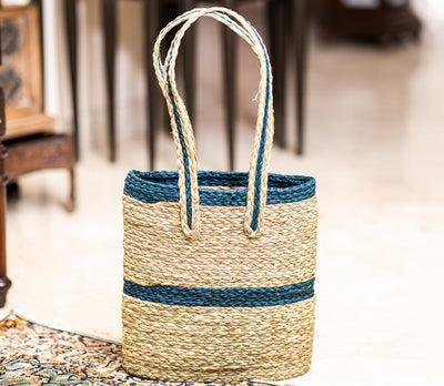Single Strip Sabai Grass Hand Bag - Blue and Natural