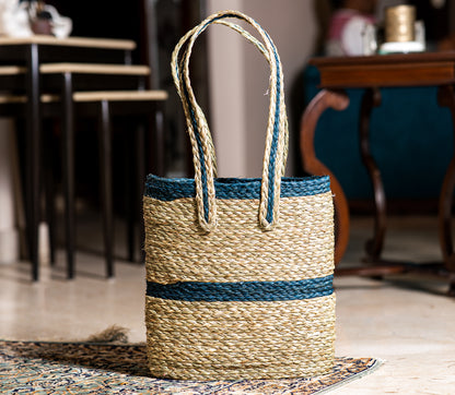 Single Strip Sabai Grass Hand Bag - Blue and Natural