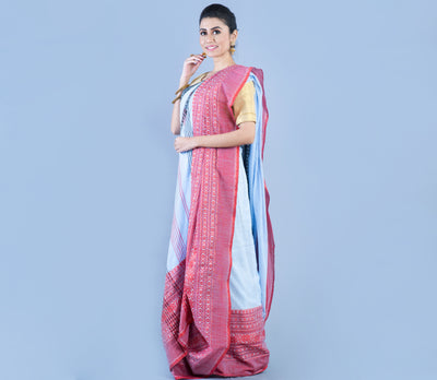 Handloom Saree Sky Blue with Black and Red Paar