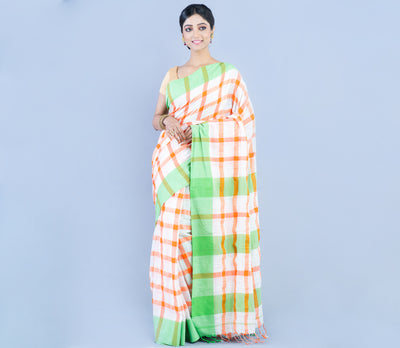 Cotton Chekerd Saree - White and Orange