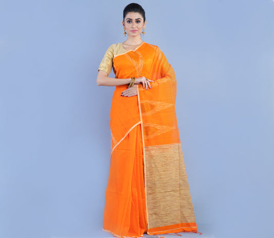 Handloom Orange Saree with Gheecha Designs - ArtisanSoul