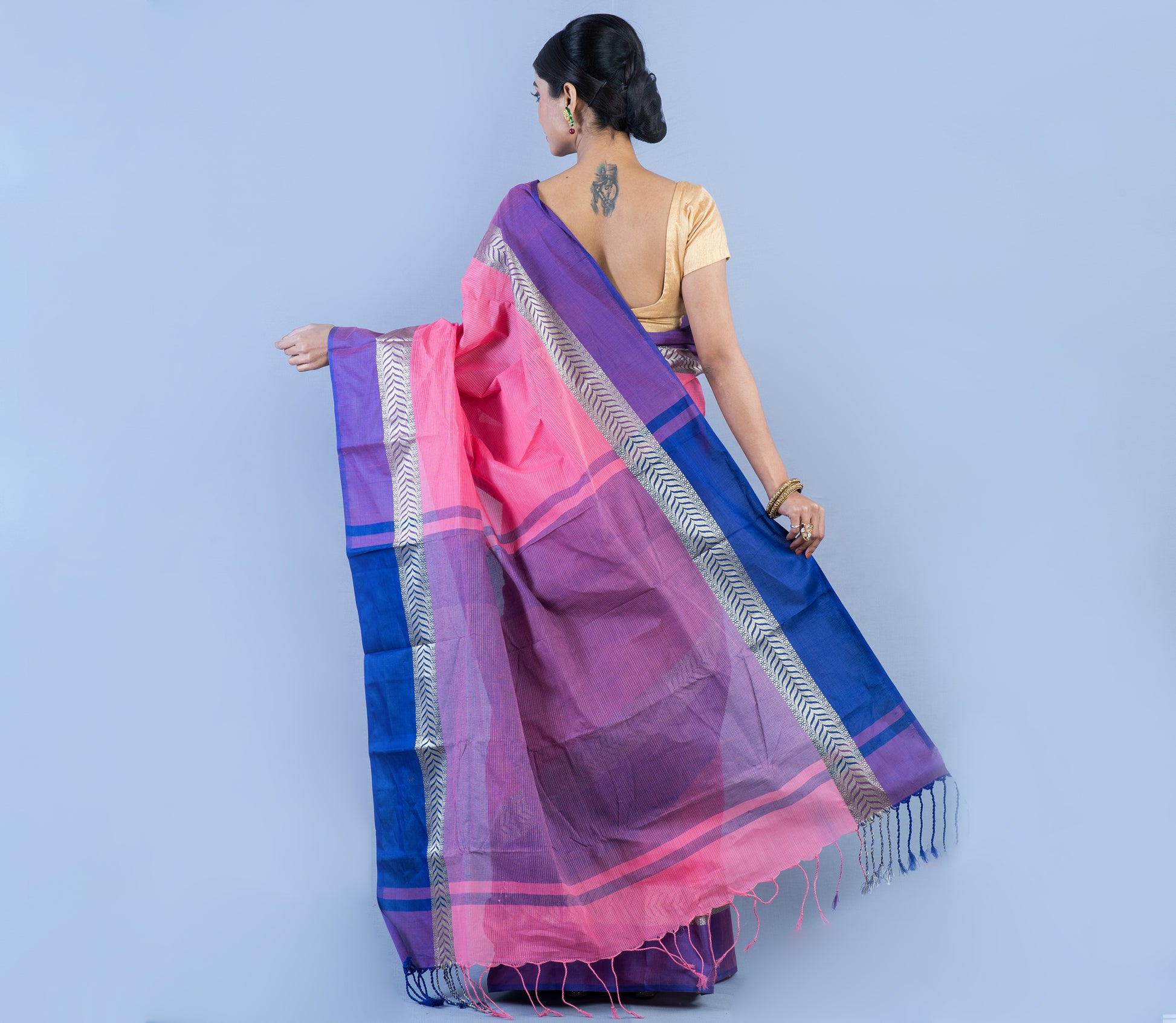 Tant Saree - Pink with Blue Par - ArtisanSoul