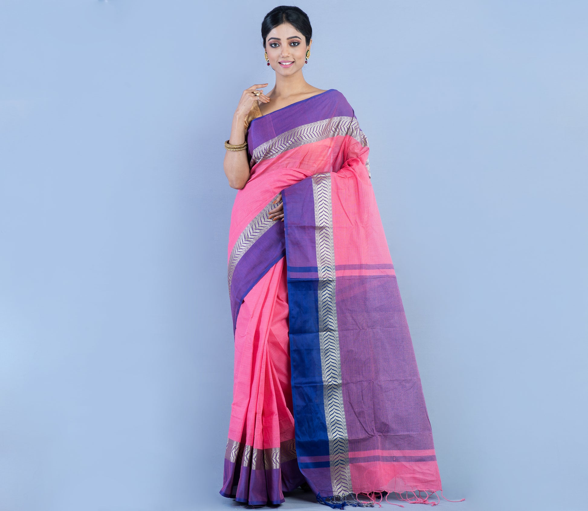 Tant Saree - Pink with Blue Par - ArtisanSoul