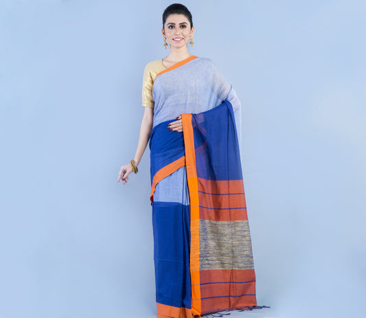 Handloom Cotton Silk Saree Blue and Sky Blue with Gheecha Anchal - ArtisanSoul