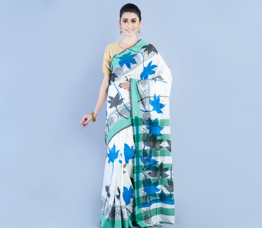 Printed Cotton Saree - Sea Green Blue Black On White - ArtisanSoul