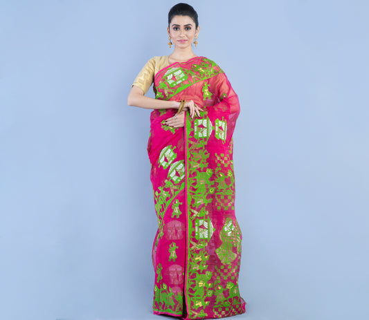 Handloom Jamdani Saree - Green on Purple - ArtisanSoul