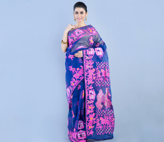 Handloom Jamdani Saree - Pink on Blue - ArtisanSoul