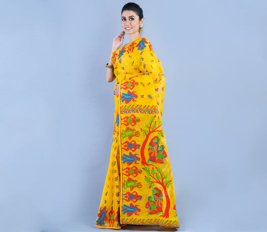 Handloom Jamdani Saree- 3D Color on Yellow - ArtisanSoul