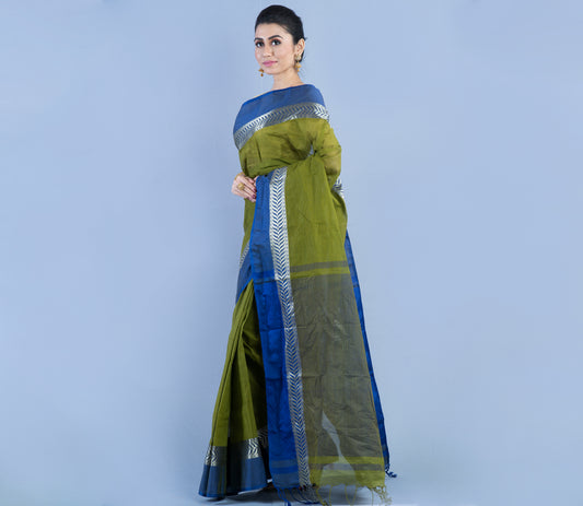 Handloom Tant Saree - Olive Green with Blue Par