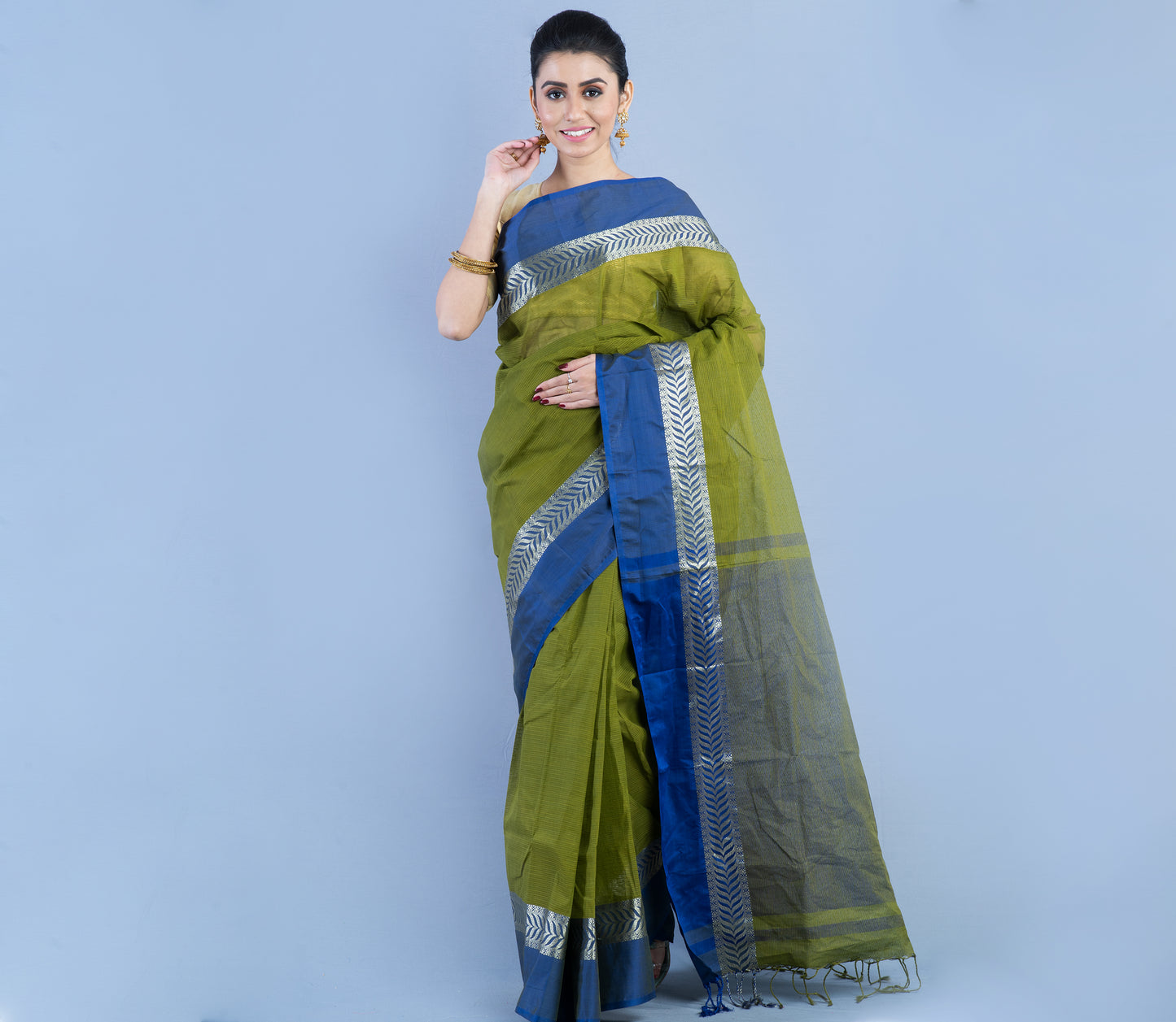 Handloom Tant Saree - Olive Green with Blue Par