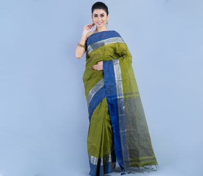 Handloom Tant Saree - Olive Green with Blue Par