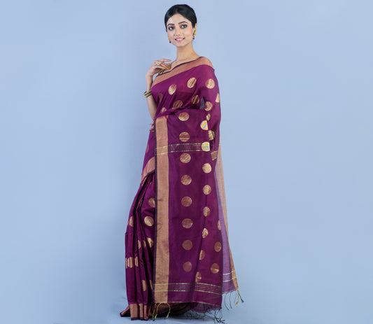 Handloom Saree with all Over Zari Work - Dark Purple - ArtisanSoul