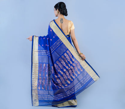 Handloom Muslin Silk Saree  - Blue White Zari Work