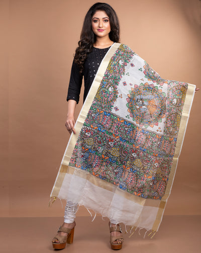 Madhubani Painting Dupatta From Bihar - White with Golden Border