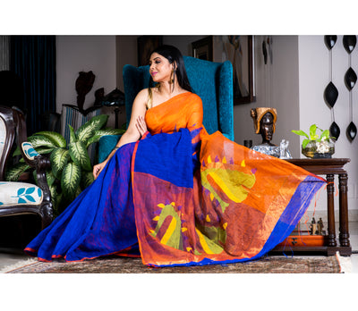 Handloom Gheecha Saree - Blue & Orange