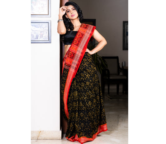 Sambalpuri Saree - Pure Cotton - Red & Black - ArtisanSoul