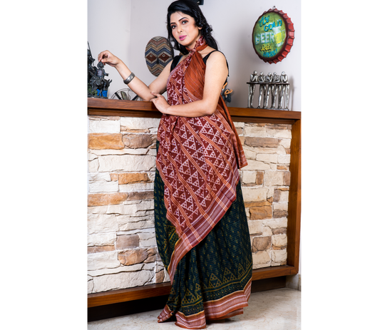 Sambalpuri Saree - Pure Cotton - Teal Blue and Brown - ArtisanSoul