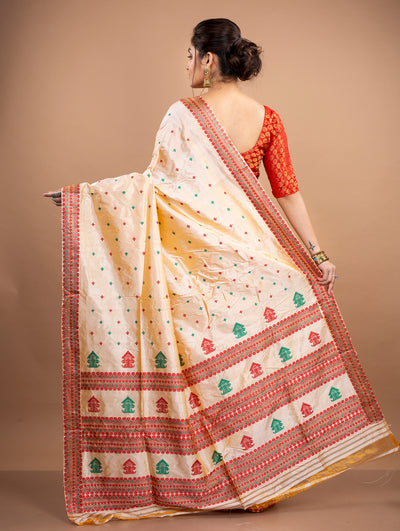 Assam Silk Saree - Golden with red and Green thread Work