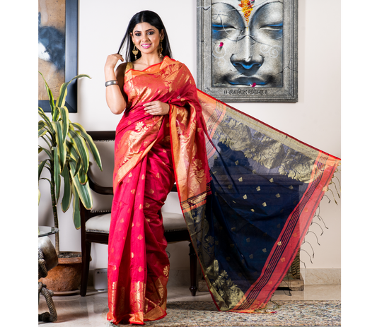 Handloom Saree with Work All Over the Saree - Brick Red and Blue