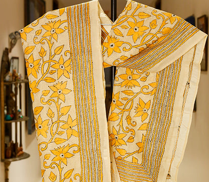 Kantha Stitched Stole on Tussar Base - Chrome Yellow