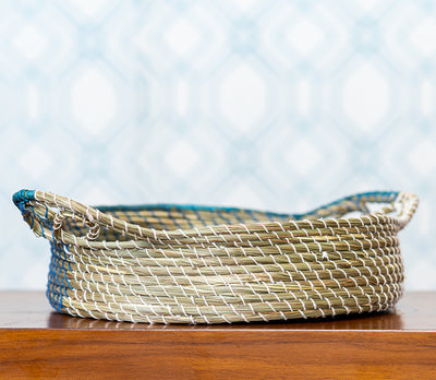Round Basket of Sabai Grass with Blue and White Thread Work