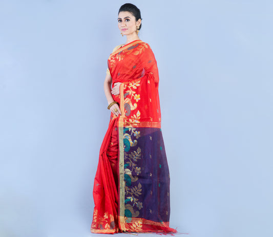 Handloom Saree With Work All Over The Saree - Red and Navy Blue