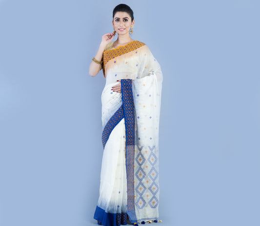 Neemki Kaj On Handloom Saree - Blue On White - ArtisanSoul