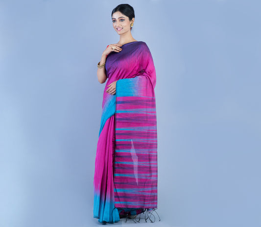 Handloom Ikkat Saree - Navy Blue & Sky Blue On Purple