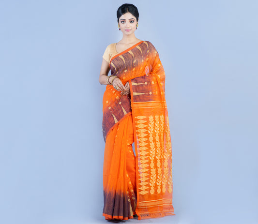 Handloom Muslin Saree - Orange & Navy Blue